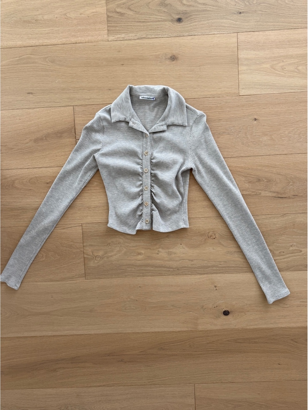 Reformation Gray Ribbed Ruched Button Front Collared Top XS